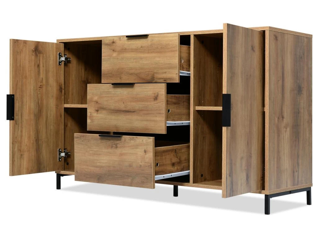 Buffet Avec 2 Portes + 3 Tiroirs + étagères Réglables - Naturel 5 Buffet Avec 2 Portes + 3 Tiroirs + étagères Réglables - Naturel – Image 3