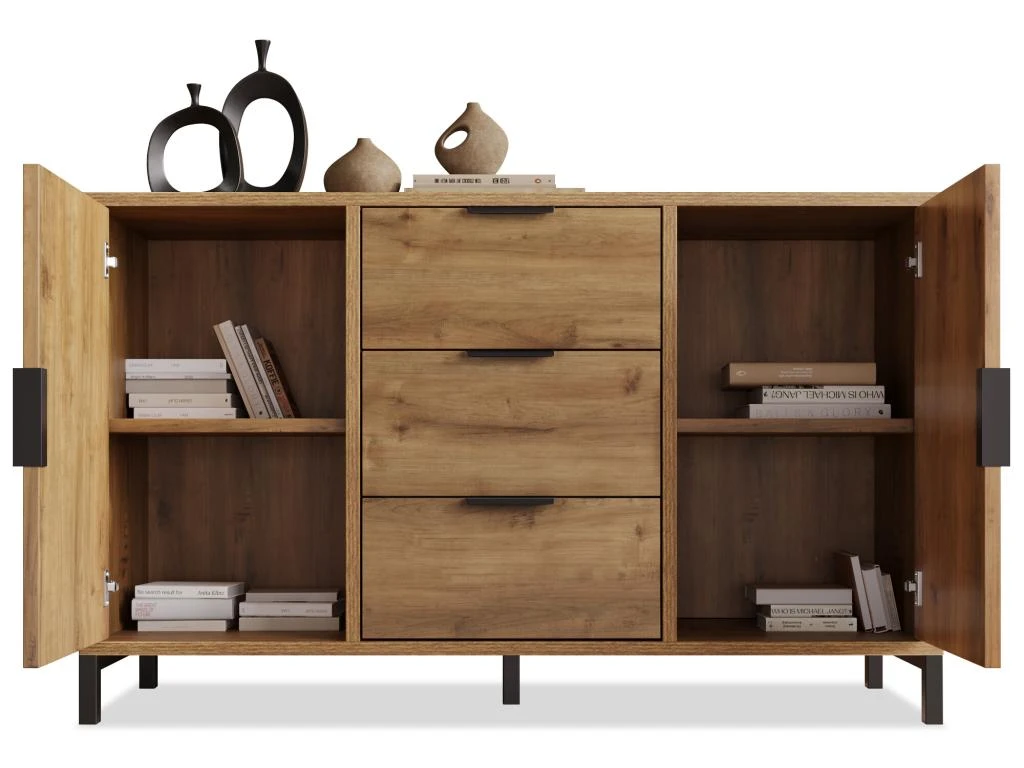 Buffet Avec 2 Portes + 3 Tiroirs + étagères Réglables - Naturel 12 Buffet Avec 2 Portes + 3 Tiroirs + étagères Réglables - Naturel – Image 10