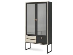 Strive Armoire Vitrine 2 Portes Vitrées, 3 Tiroirs, Noir Mat, Finition Structure Chêne.