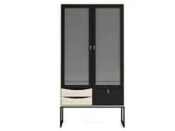 Strive Armoire Vitrine 2 Portes Vitrées, 3 Tiroirs, Noir Mat, Finition Structure Chêne. -Mobilia Boutique buffet 22086855