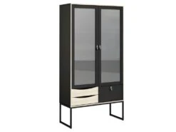 Strive Armoire Vitrine 2 Portes Vitrées, 3 Tiroirs, Noir Mat, Finition Structure Chêne. -Mobilia Boutique buffet 22086857