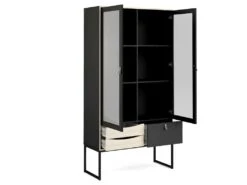 Strive Armoire Vitrine 2 Portes Vitrées, 3 Tiroirs, Noir Mat, Finition Structure Chêne. -Mobilia Boutique buffet 22086859