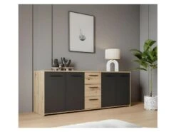 Buffet PILVI - Style Contemporain - Particules Mélaminé -Décor Chene Artisan Et Noir- 4 Portes + 3 Tiroirs - L179,2 X P42 -Mobilia Boutique buffet 22126541