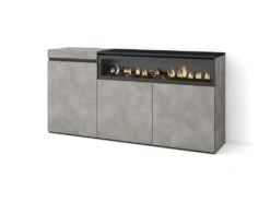 Mobilia Boutique 19 Buffet Salon Et Cuisine, 150x75x35cm, 3 Portes, Cheminée électrique, Ciment