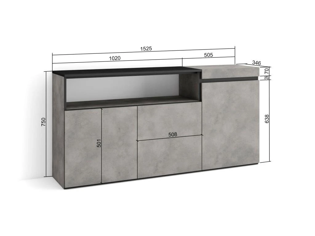 Buffet Salon Et Cuisine, 150x75x35cm, 3 Portes, Meuble Chaussure, Ciment 6 Buffet Salon Et Cuisine, 150x75x35cm, 3 Portes, Meuble Chaussure, Ciment – Image 4