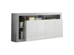 Buffet MAESTRO - Décor Béton Et Blanc Laqué Brillant - 4 Portes - L 184 X P 42 X H 93 Cm