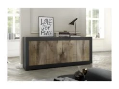 Buffet BASICO - Décor Noir Mat Et Chene Pero - 4 Portes - L 207 X P 43 X H 86 Cm