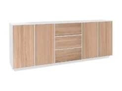 Placard Dnast, Buffet De Cuisine Avec 4 Portes Et 3 Tiroirs, Buffet De Salon, 100% Made In Italy, 220x41h86 Cm, Blanc Brillant Et Noyer