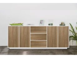 Placard Dnast, Buffet De Cuisine Avec 4 Portes Et 3 Tiroirs, Buffet De Salon, 100% Made In Italy, 220x41h86 Cm, Blanc Brillant Et Noyer -Mobilia Boutique buffet 22846739