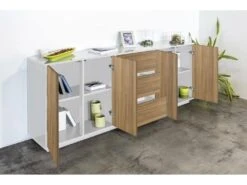 Placard Dnast, Buffet De Cuisine Avec 4 Portes Et 3 Tiroirs, Buffet De Salon, 100% Made In Italy, 220x41h86 Cm, Blanc Brillant Et Noyer -Mobilia Boutique buffet 22846741