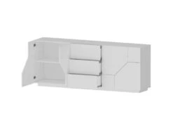 Placard Dmazz, Buffet De Cuisine Avec 4 Portes Et 3 Tiroirs, Buffet De Salon, 100% Made In Italy, Cm 220x43h86, Blanc Brillant -Mobilia Boutique buffet 22846985