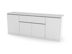 Placard Deram, Buffet De Cuisine Avec 4 Portes Et 1 Tiroir, Buffet De Salon, 100% Made In Italy, Cm 210x45h85, Blanc Brillant