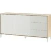Buffet Haut Dbog, Buffet Moderne Avec 2 Portes Et 3 Tiroirs, Buffet Du Salon, Meuble TV, Buffet Pour Le Salon, 154x41h74 Cm, Chêne Et Blanc