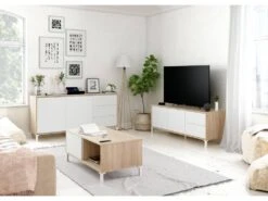 Buffet Haut Dbog, Buffet Moderne Avec 2 Portes Et 3 Tiroirs, Buffet Du Salon, Meuble TV, Buffet Pour Le Salon, 154x41h74 Cm, Chêne Et Blanc -Mobilia Boutique buffet 22847965