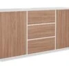 Placard Dmorac, Buffet De Cuisine Avec 2 Portes Et 3 Tiroirs, Buffet De Salon, 100% Made In Italy, 160x41h86 Cm, Blanc Brillant Et Noyer