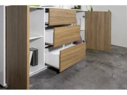 Placard Dmorac, Buffet De Cuisine Avec 2 Portes Et 3 Tiroirs, Buffet De Salon, 100% Made In Italy, 160x41h86 Cm, Blanc Brillant Et Noyer -Mobilia Boutique buffet 22848185