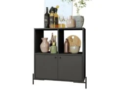 Buffet Armoirette 2 Portes 4 Niches Noir L 75 Cm Sur PIeds Métal Ronds