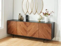 Buffet ISMAEL - 4 Portes - MDF Placage Noyer Et Métal Noir