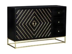 Buffet Art Déco PRISMIN - 3 Tiroirs & 2 Portes - Bois De Manguier Et Métal - Noir Et Doré