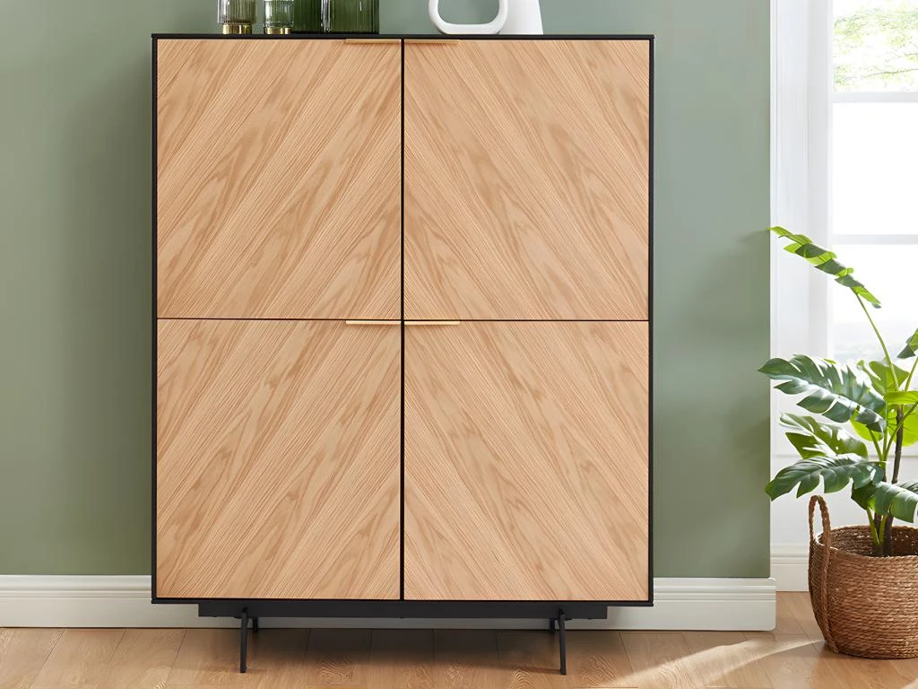 Buffet Haut Avec 4 Portes En MDF Et Métal - Coloris : Naturel Clair Et Noir - LOBNA 4 Buffet Haut Avec 4 Portes En MDF Et Métal - Coloris : Naturel Clair Et Noir - LOBNA – Image 2