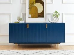 Buffet - 3 Portes - MDF Et Métal - Coloris : Bleu Et Doré - LIKANA