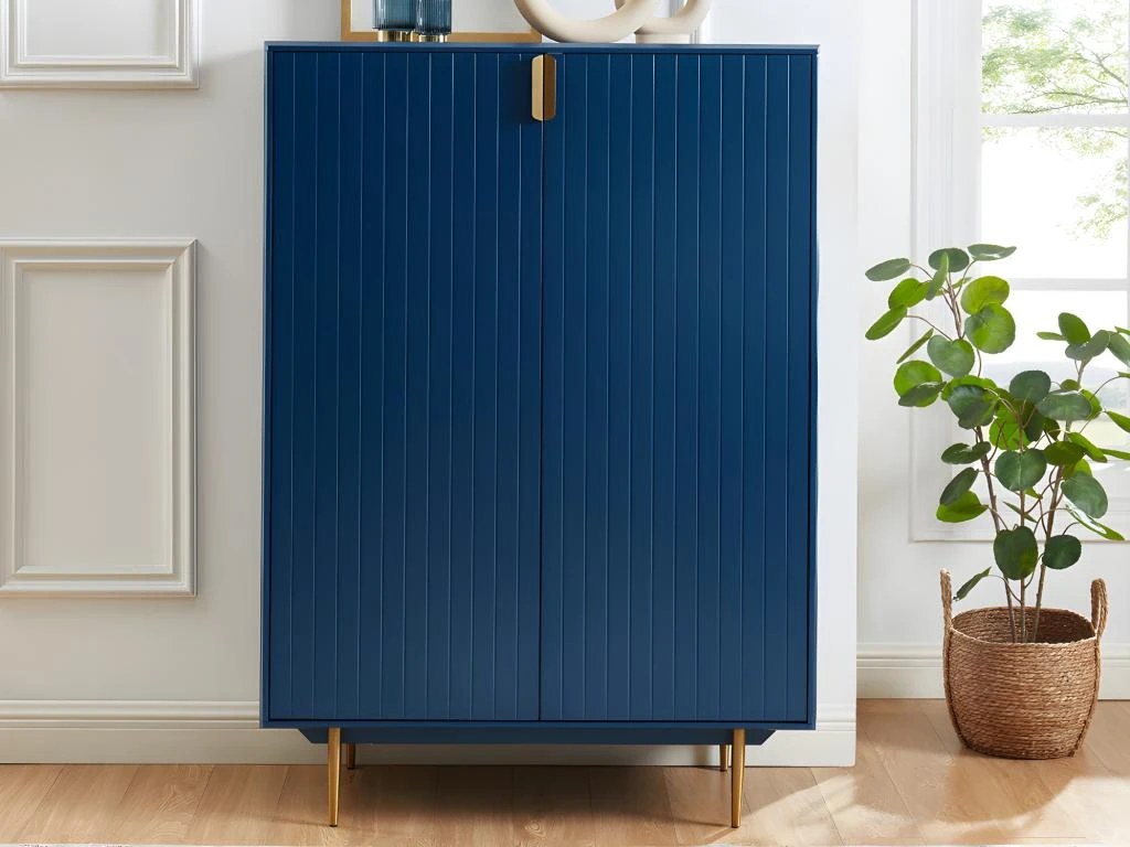 Buffet Haut - 2 Portes - MDF Et Métal - Coloris : Bleu Et Doré - LIKANA 4 Buffet Haut - 2 Portes - MDF Et Métal - Coloris : Bleu Et Doré - LIKANA – Image 2