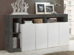 Buffet SEFRO - 4 Portes Et 4 Niches - Blanc Laqué Et Béton -Mobilia Boutique buffet 437195