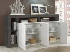 Buffet SEFRO - 4 Portes Et 4 Niches - Blanc Laqué Et Béton -Mobilia Boutique buffet 437203