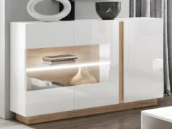 Buffet MURARI - 3 Portes - Avec LEDs - Blanc Brillant Et Chêne -Mobilia Boutique buffet 466527