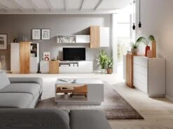 Buffet Haut FRANCOLI - 3 Portes Et 2 Niches - Blanc Et Chêne -Mobilia Boutique buffet 477471