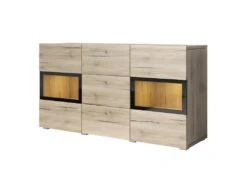 Buffet 2 Portes Et 3 Tiroirs Collection RAMOS. Éclairage LED Intégré. Coloris Chêne Et Noir.