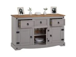 Buffet RAMON Commode Bahut Vaisselier En Pin Massif Gris Et Brun Avec 3 Tiroirs 3 Portes, Meuble De Rangement Style Mexicain En Bois -Mobilia Boutique buffet 8932989