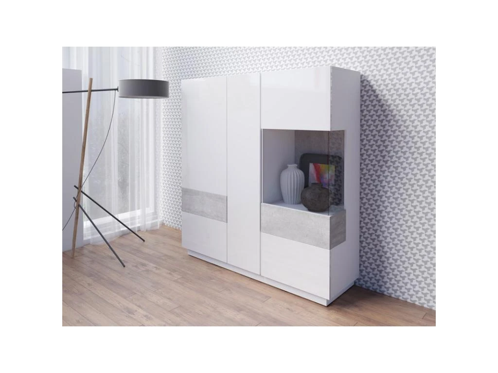 Buffet Haut KILES Trois Portes Avec LED. Coloris Blanc Et Gris. Style Design 5 Buffet Haut KILES Trois Portes Avec LED. Coloris Blanc Et Gris. Style Design – Image 3