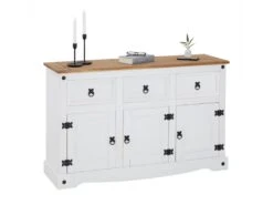 Buffet CAMPO Commode Bahut Vaisselier En Pin Massif Blanc Et Brun Avec 3 Tiroirs 3 Portes Meuble De Rangement Style Mexicain En Bois