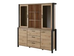 Ensemble Buffet Et Huche Avec éclairage LED Collection BOWIE. Meuble 4 Portes, 3 Tiroirs. Couleur Chêne Et Noir