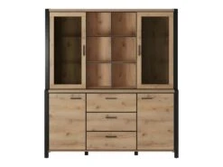 Ensemble Buffet Et Huche Avec éclairage LED Collection BOWIE. Meuble 4 Portes, 3 Tiroirs. Couleur Chêne Et Noir -Mobilia Boutique buffet 8934107