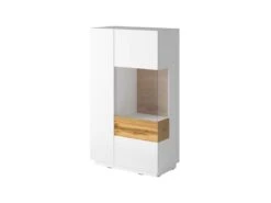 Buffet Haut Avec LED Collection KILES Deux Portes. Coloris Blanc Et Chêne. Porte Vitrée à Droite