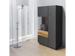 Buffet Haut Avec LED Collection KILES Deux Portes. Coloris Gris Anthracite Et Chêne. Porte Vitrée à Gauche