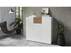 Buffet Haut Design Pour Salon Couleur Blanc Et Chêne Collection RIGA. -Mobilia Boutique buffet 8934949