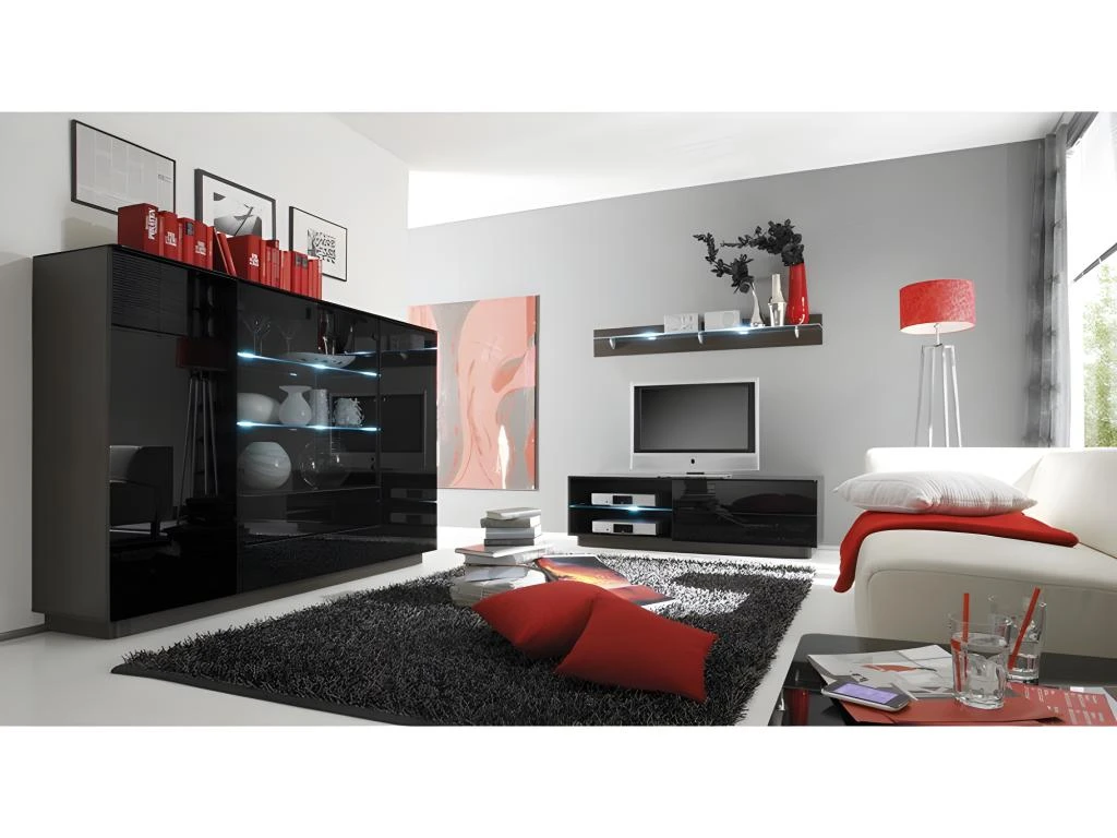 Buffet Haut TONGA Quatre Portes Et Deux Tiroirs. Couleur Wengé. LED Incluses. Style Design. 4 Buffet Haut TONGA Quatre Portes Et Deux Tiroirs. Couleur Wengé. LED Incluses. Style Design. – Image 2