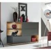 Buffet, Bahut, Enfilade KLIS Trois Portes Et Trois Niches. Coloris Gris Anthracite Et Chêne. Style Design.