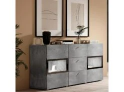 Buffet 2 Portes Et 3 Tiroirs Collection RAMOS. Éclairage LED Intégré. Coloris Gris Effet Béton Et Noir. -Mobilia Boutique buffet 8940689