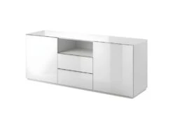 Buffet 180cm 2 Portes Et 2 Tiroirs Collection ZANTE. Coloris Blanc Brillant. LED Incluses