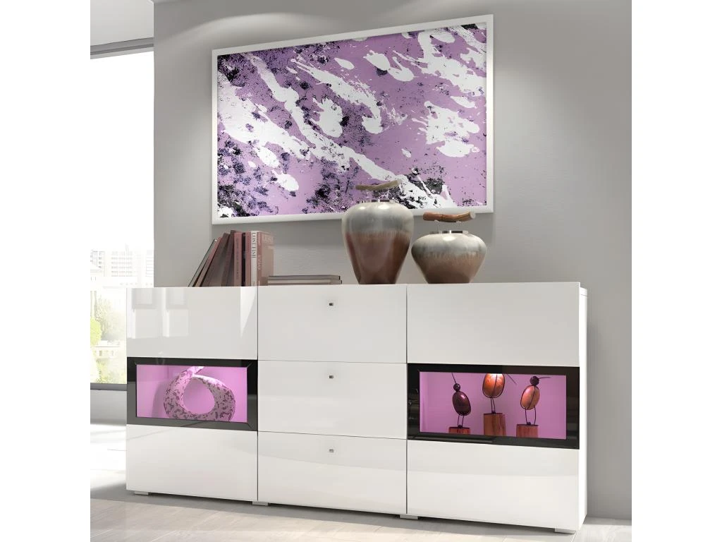 Buffet 2 Portes Et 3 Tiroirs Collection RAMOS. Éclairage LED Intégré. Coloris Blanc Brillant Et Noir 3 Buffet 2 Portes Et 3 Tiroirs Collection RAMOS. Éclairage LED Intégré. Coloris Blanc Brillant Et Noir