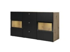 Buffet 2 Portes Et 3 Tiroirs Collection RAMOS. Éclairage LED Intégré. Coloris Chêne Et Noir Super Mat.