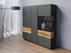 Buffet Haut KILES Trois Portes Avec LED. Coloris Gris Anthracite Et Chêne. Style Design -Mobilia Boutique buffet 8942717