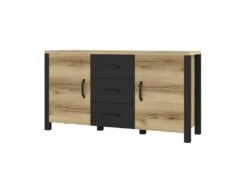 Buffet 150cm Collection DARWIN. Couleur Chêne Clair Et Noir. 2 Portes Et 3 Tiroirs