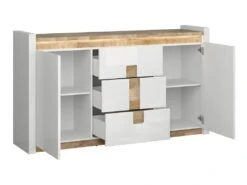 Buffet 2 Portes 3 Tiroirs Avec LED Helios Blanc Laqué Et Bois -Mobilia Boutique buffet 9519973