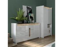 Buffet 2 Portes 3 Tiroirs Avec LED Helios Blanc Laqué Et Bois -Mobilia Boutique buffet 9519977