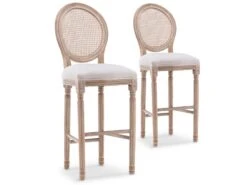 Lot De 2 Chaises De Bar Médaillon Louis XVI Cannage Rotin Tissu Beige